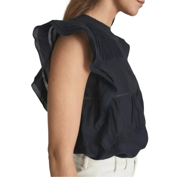 Reiss silk blend navy embroidered ruffle lightweight blouse. - Picture 3 of 16